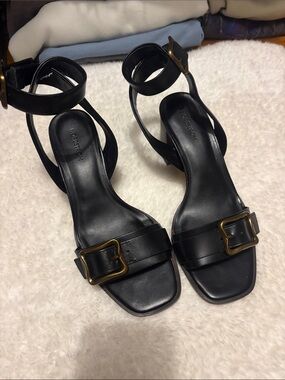 Nordstrom Black Leather Ankle-Strap Heeled Sandals with Brass Buckles